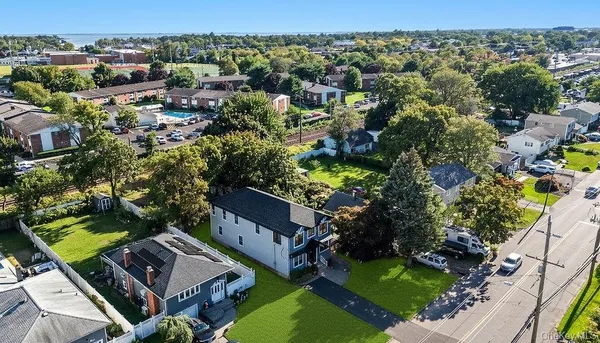 an aerial view of a house with a garden