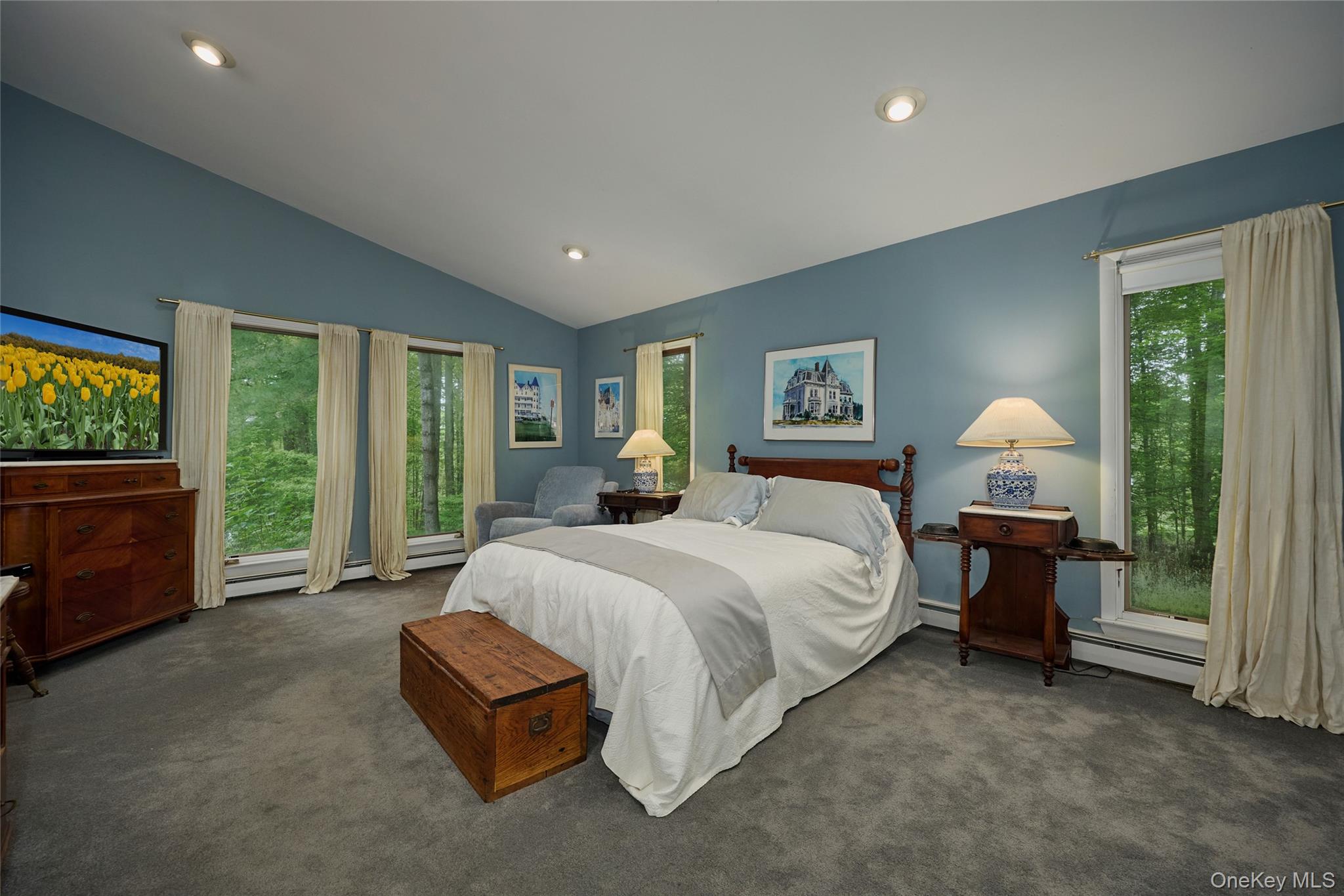 31 Greenlawn Road Katonah, NY 10536 - Photo 17 of 47 Carpeted bedroom featuring lofted ceiling, a baseboard radiator, and recessed lighting
