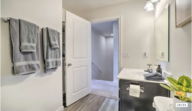 a bathroom with a sink and a mirror