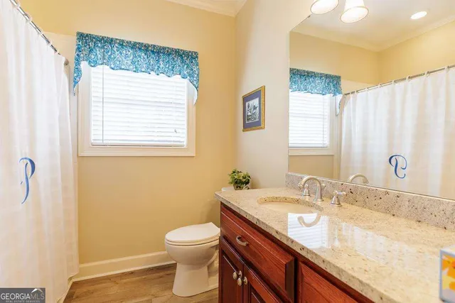 a bathroom with a granite countertop sink toilet and a mirror
