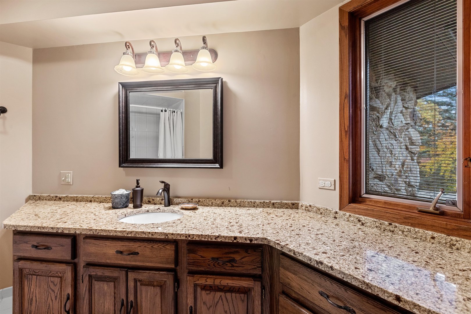 1051 Saunders Road Riverwoods, IL 60015 - Photo 20 of 37 a bathroom with a granite countertop sink and a mirror