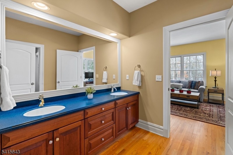 7 Timber Ridge Road Far Hills, NJ 07931 - Photo 34 of 48 a spacious bathroom with a granite countertop sink and a mirror