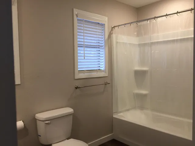a bathroom with a shower and a toilet