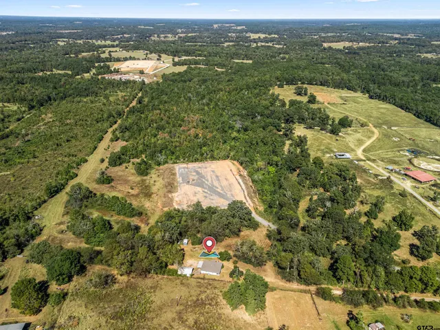 an aerial view of residential houses with outdoor space and trees