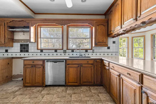 an aerial view of residential houses with outdoor space and trees