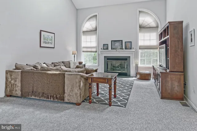 a living room with furniture a fireplace and a chandelier