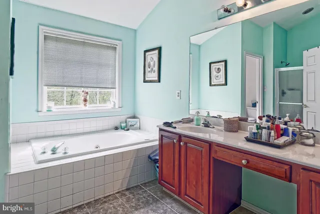 a bathroom with a tub sink and mirror