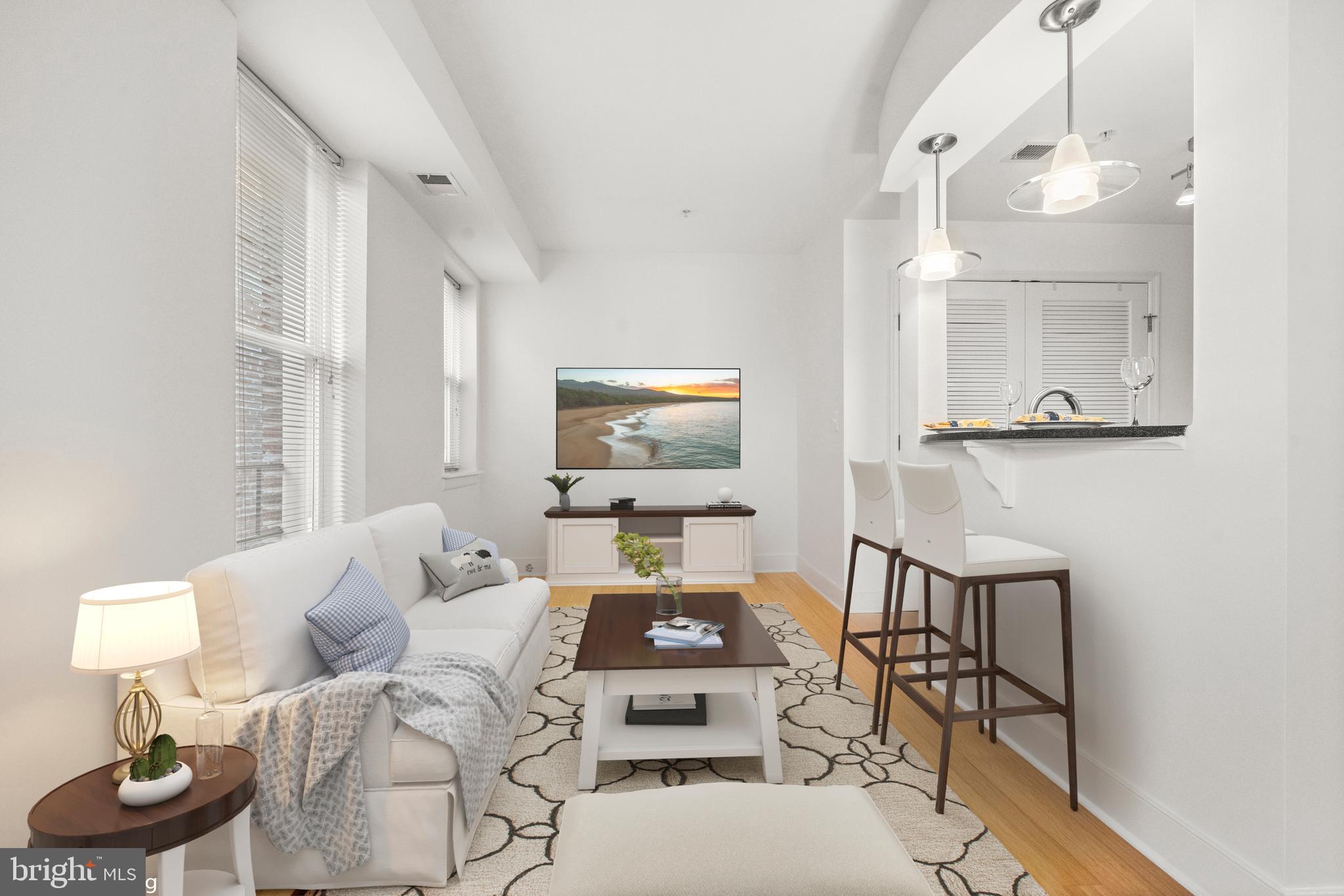 1106 Columbia Road Northwest, Unit 304 Washington, DC 20009 - Photo 3 of 25 a living room with furniture a flat screen tv and a window