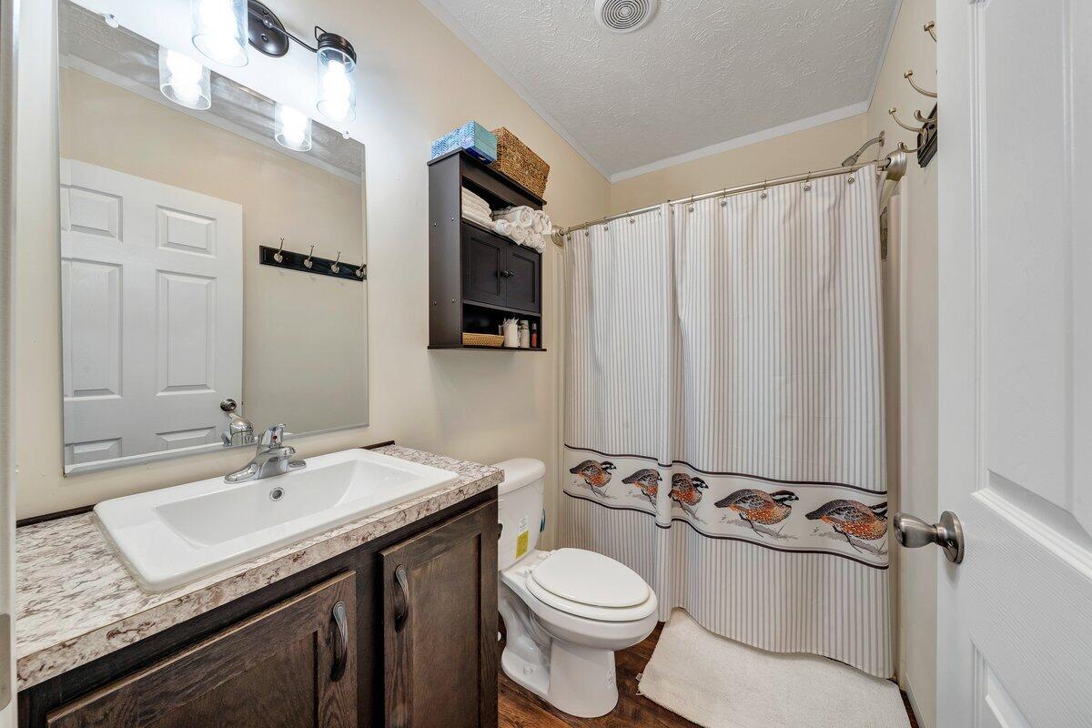 780 Adkins Road Penhook, VA 24137 - Photo 15 of 49 a bathroom with a granite countertop sink toilet and shower