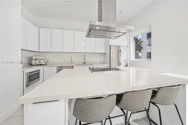 a white kitchen with cabinets and stainless steel appliances