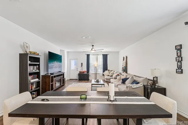 a view of a dining room with furniture