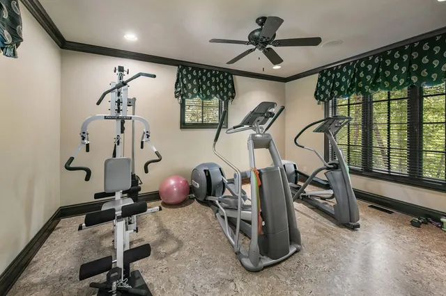 a view of a lake with outdoor seating