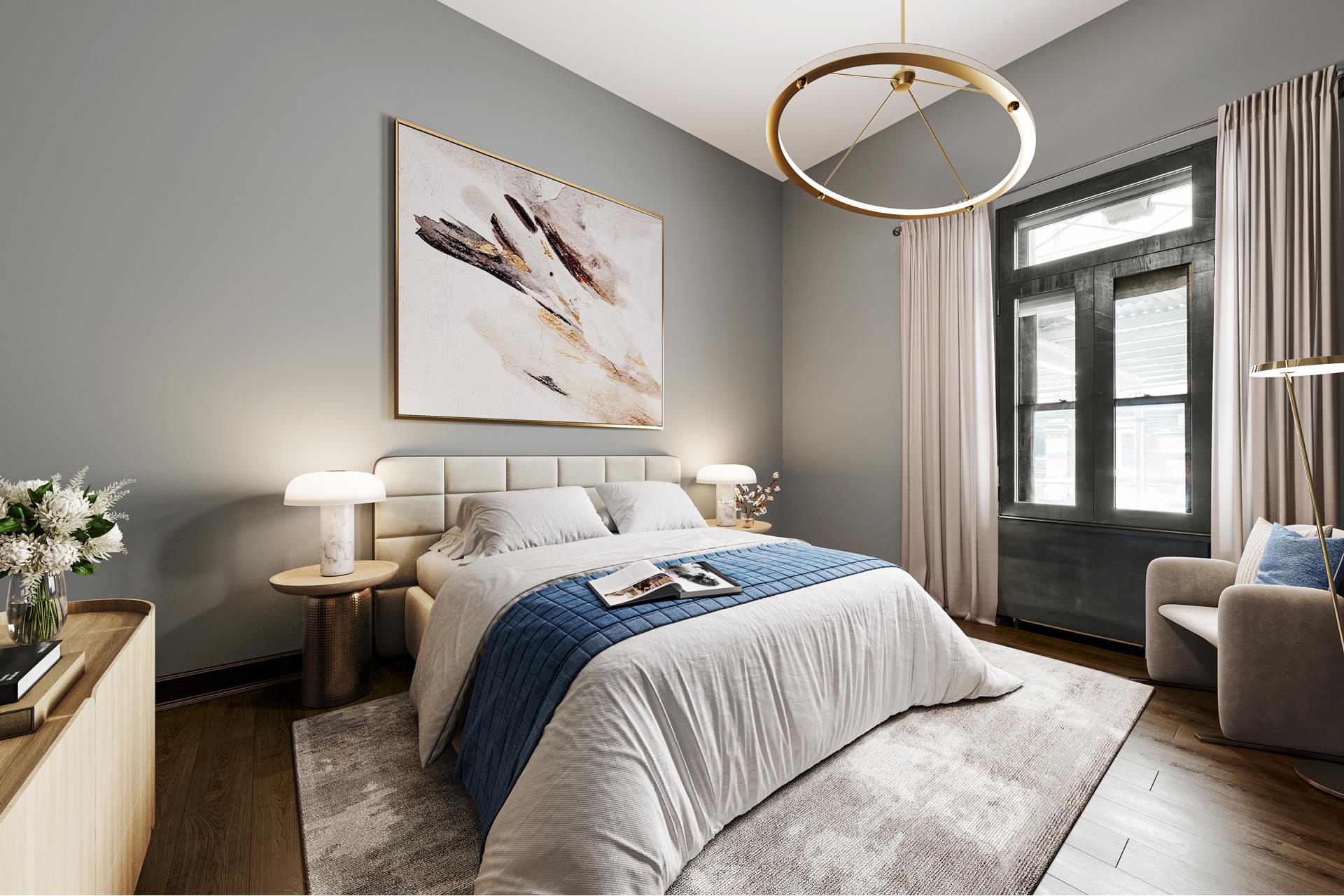 240 Centre Street, Unit 2K Manhattan, NY 10013 - Photo 6 of 10 a bedroom with bed and a chandelier