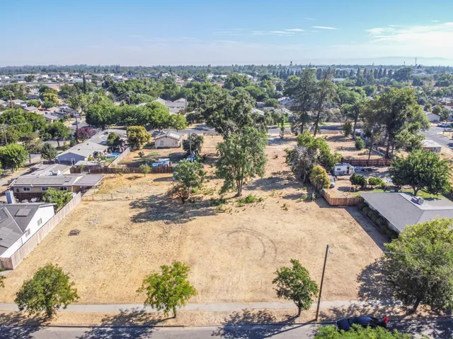 a view of a yard with plants and trees