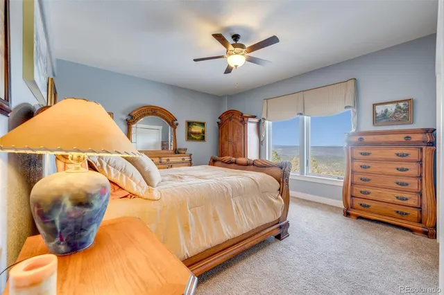 a bedroom with a bed and a ceiling fan