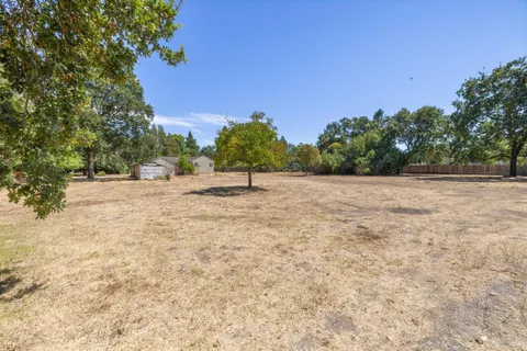 a view of a field with trees in background