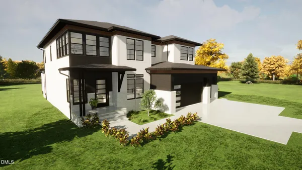 a front view of a house with a garden and trees