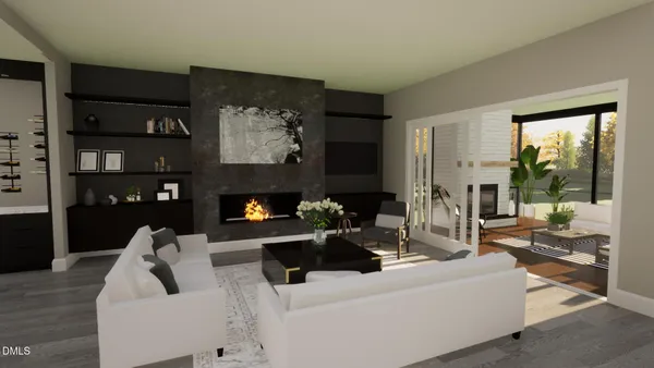 a living room with furniture large window and a fireplace