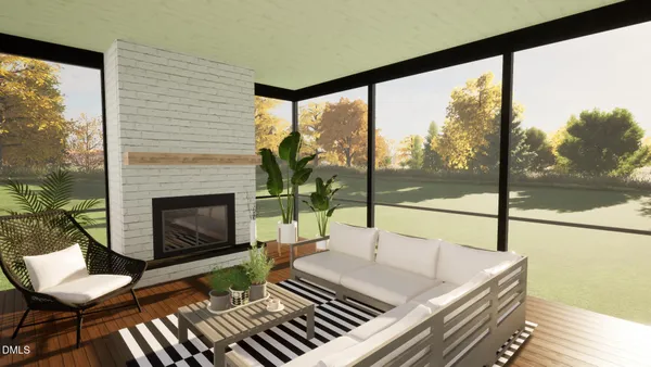 a living room with fireplace furniture and a floor to ceiling window