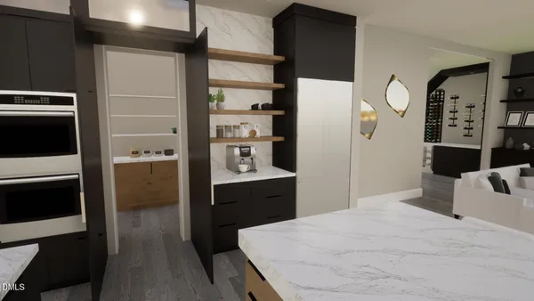 a kitchen with a refrigerator and cabinets