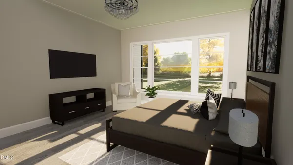 a bedroom with a bed a flat screen tv and a window