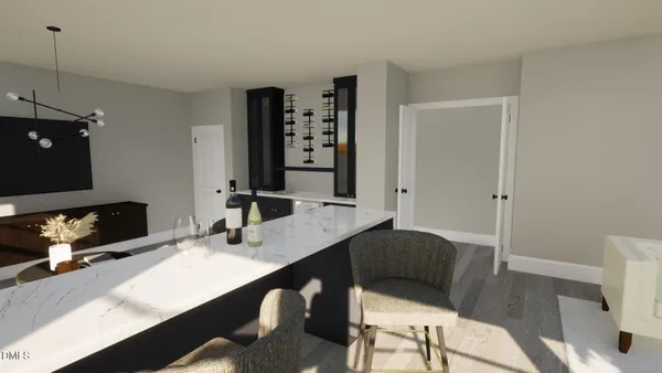 a bathroom with a granite countertop sink a mirror and shower