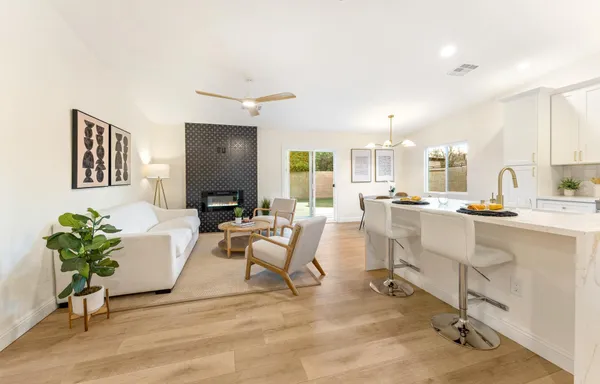 a living room with furniture and a potted plant