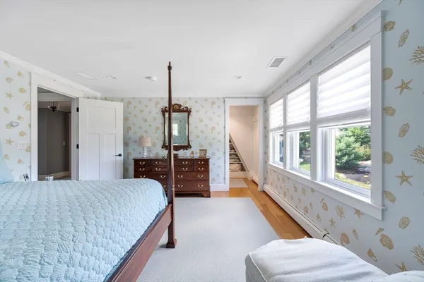 a bedroom with a bed and a large window