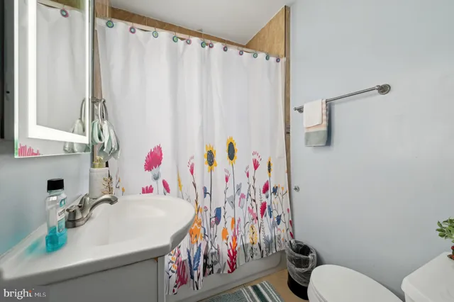 a bathroom with a sink vanity mirror and toilet