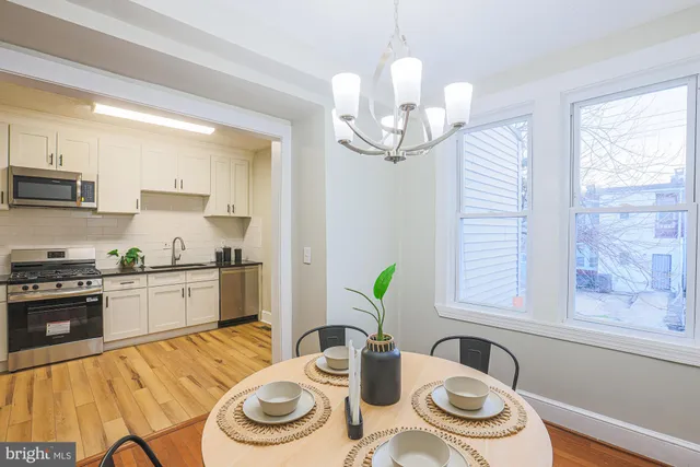 a kitchen with stainless steel appliances a dining table chairs and window