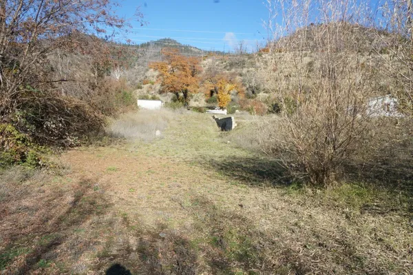 a view of a dry yard with mountains and green space