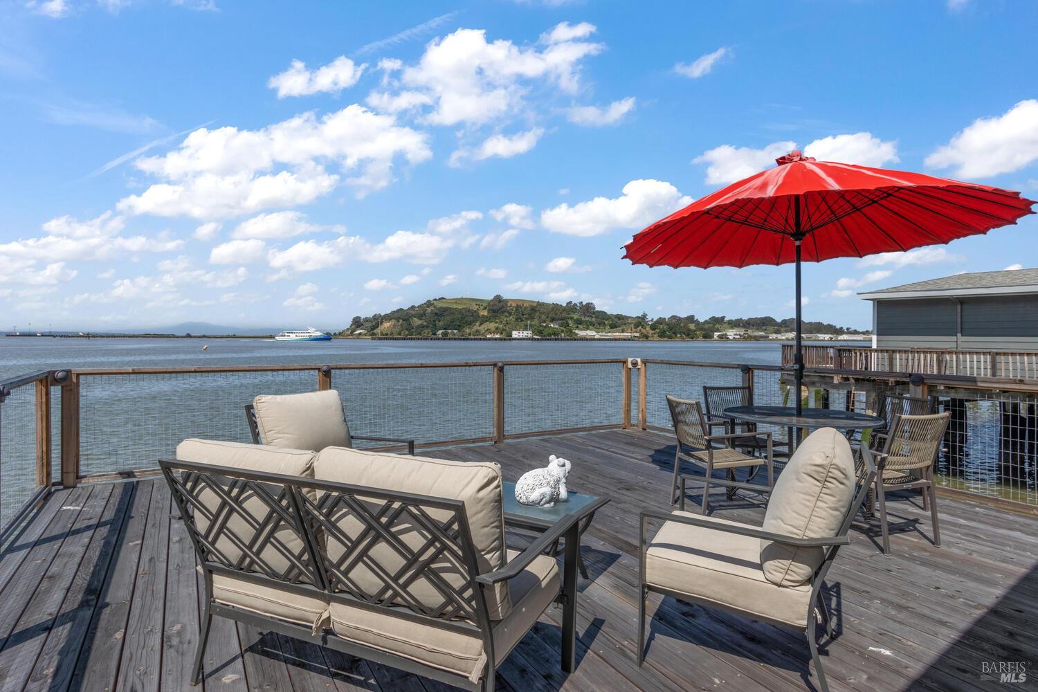 an outdoor space with furniture