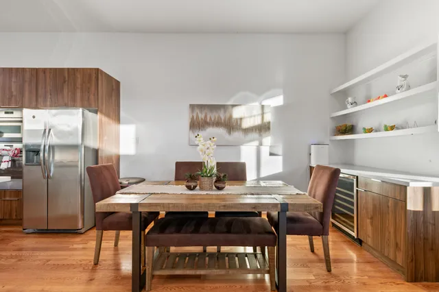 a view of a dining room with furniture