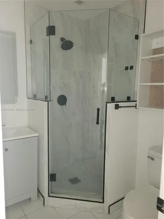 a bathroom with a shower and toilet
