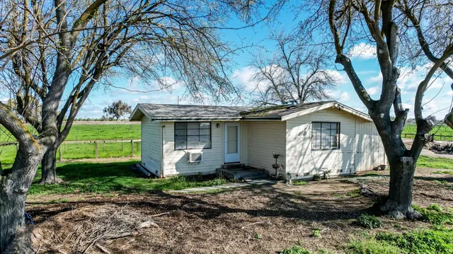 a front view of a house with a yard and large trees
