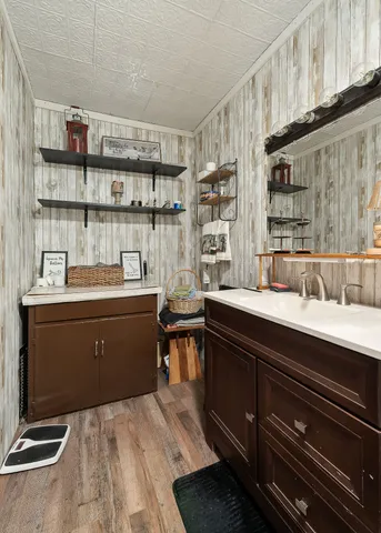 a bathroom with a sink and a mirror