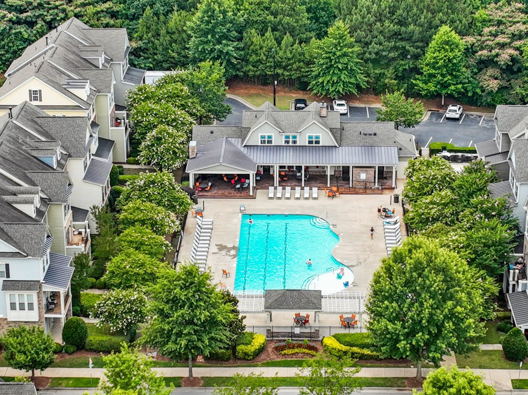 1545 Fullerton Place Raleigh, NC 27607 - Photo 41 of 45 Inside Wade Townhomes aerial view of the community salt water pool. Community Pool