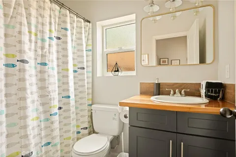 a bathroom with a sink a toilet and a mirror