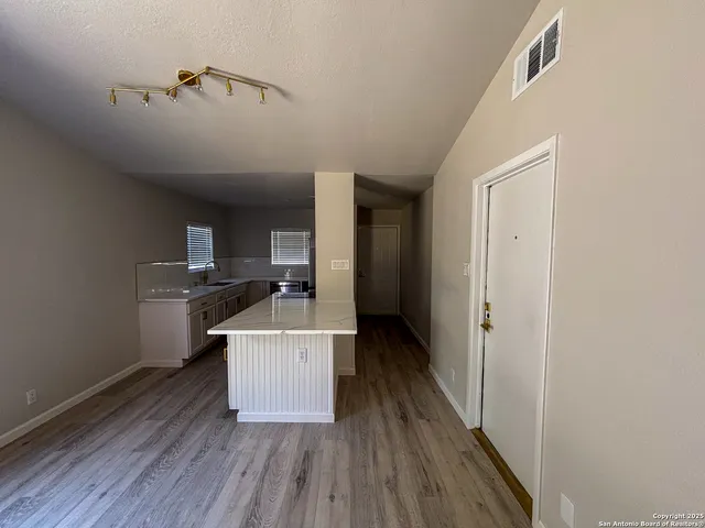 a room with a wooden floor and a sink