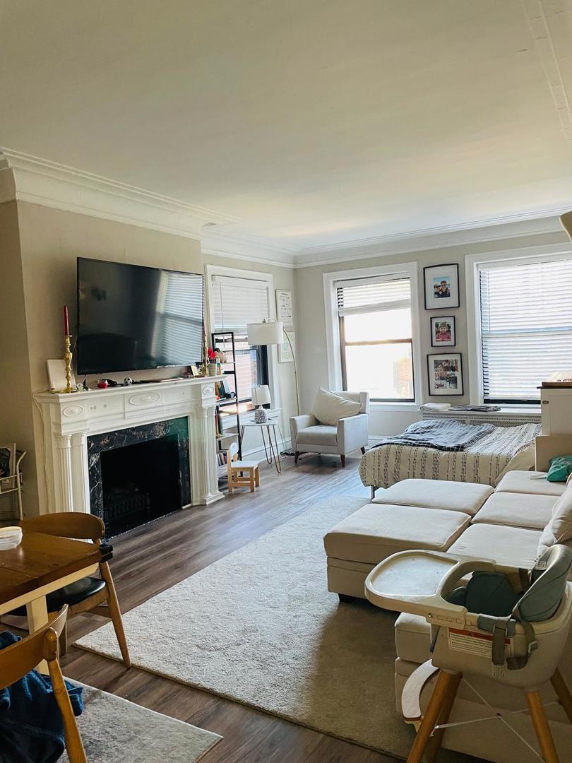451 West Melrose Street, Unit 404 Chicago, IL 60657 - Photo 2 of 9 a living room with furniture a fireplace and a flat screen tv