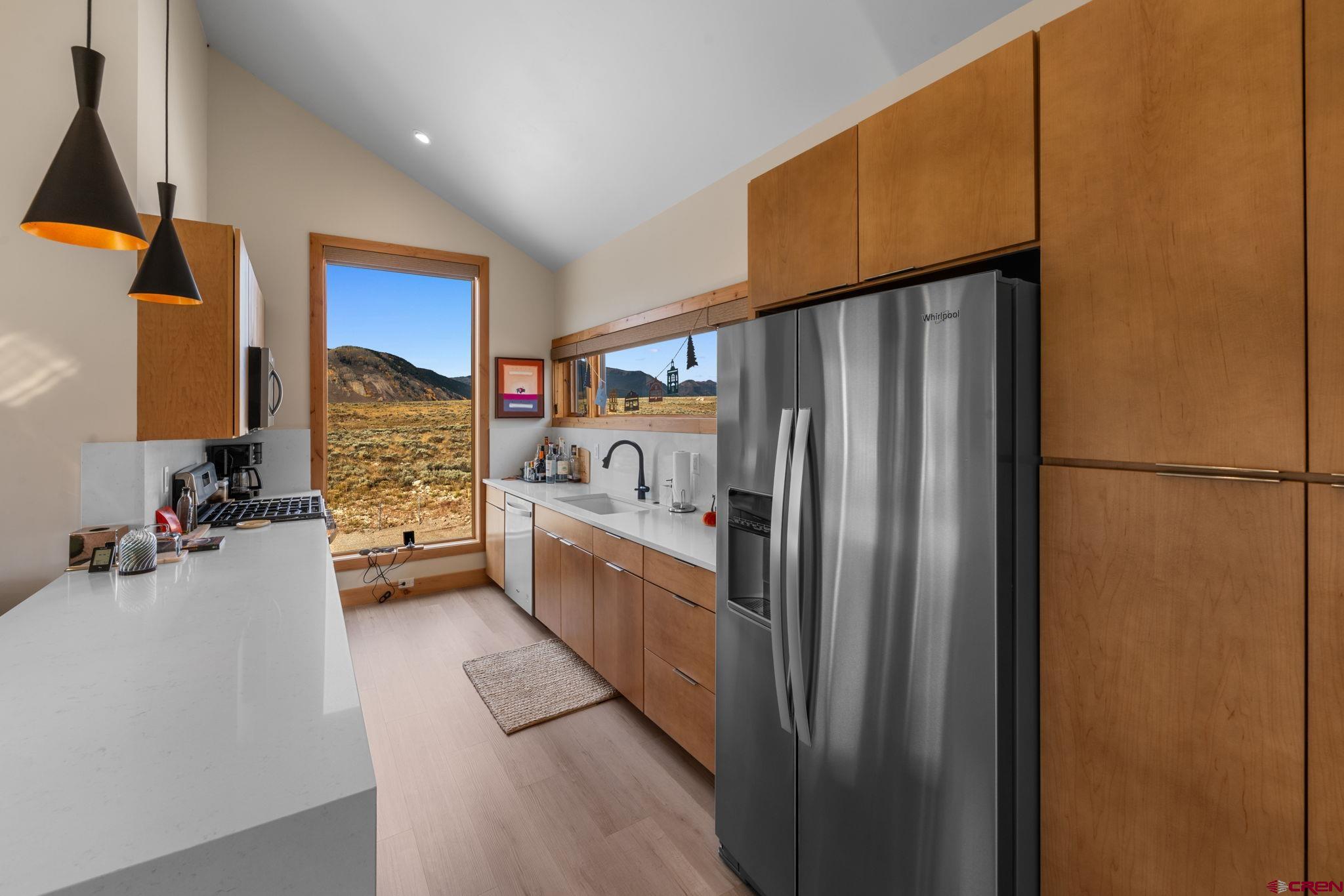 101 Elk Valley Road, Unit D Crested Butte, CO 81224 - Photo 20 of 37 a kitchen with stainless steel appliances a refrigerator and a sink