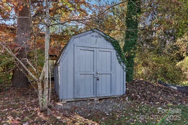 a view of backyard with potted plants and large tree