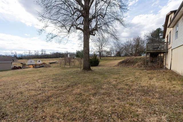 a view of a yard with wooden fence