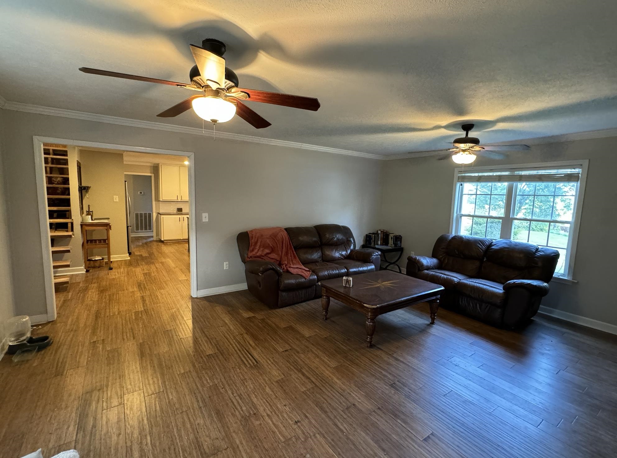 1336 Dunlap Orphanage Road Brighton, TN 38011 - Photo 9 of 14 Living room featuring ceiling fan, ornamental molding, and dark hardwood / wood-style flooring