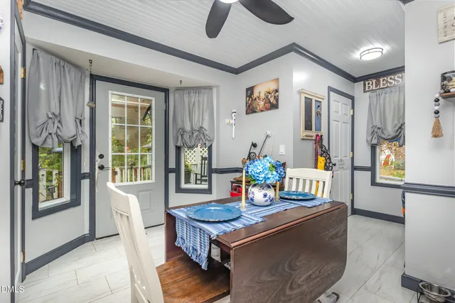 a view of a dining room and furniture