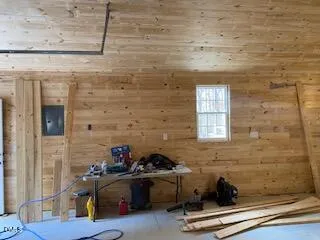 a view of a porch with wooden floor
