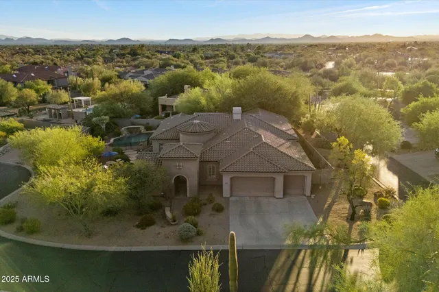 an aerial view of residential houses with outdoor space and trees