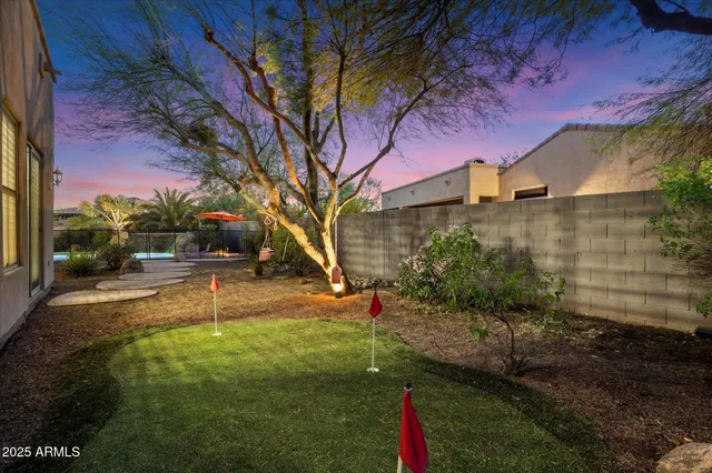 a view of a backyard with potted plants and large trees