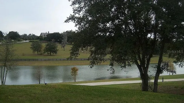 a view of a lake with houses in the background