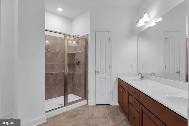 a bathroom with a double vanity sink mirror and shower